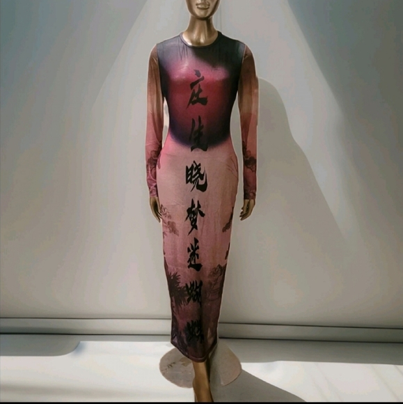 NWT Round Collar Oriental Text Print Mesh Bodycon Midi Dress Sz M - Picture 2 of 16